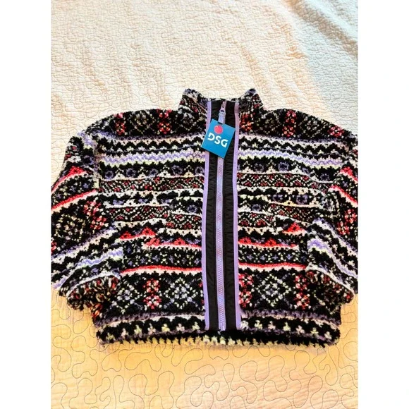DSG Girls Fleece Full Zip Jacket‎ Fair Isle Purple Black Mock Neck Size Small
