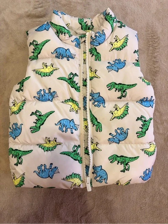 Old Navy White Kids Dino Puffer Vest with Green, Blue & Yellow Dinosaurs