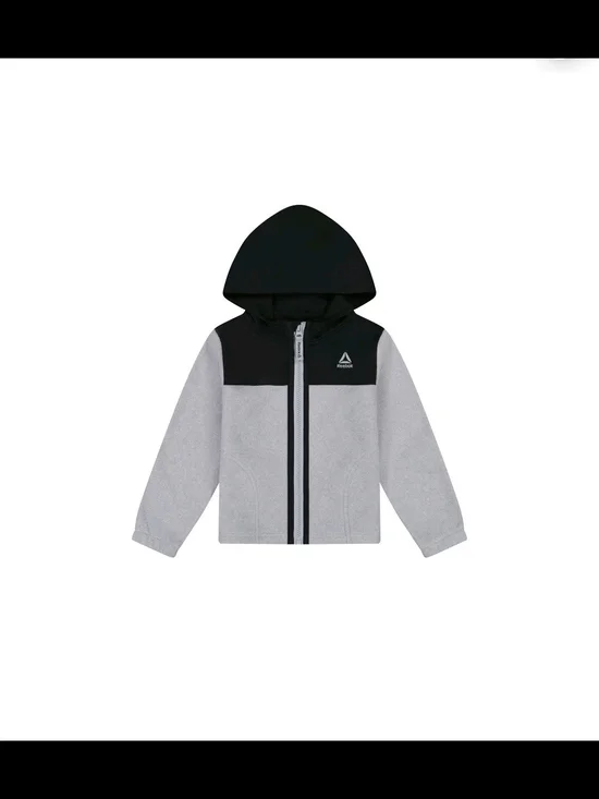 NWT Reebok Toddler Boys Full Zip Hooded Fleece Jacket Gray Black Colorblock 2T