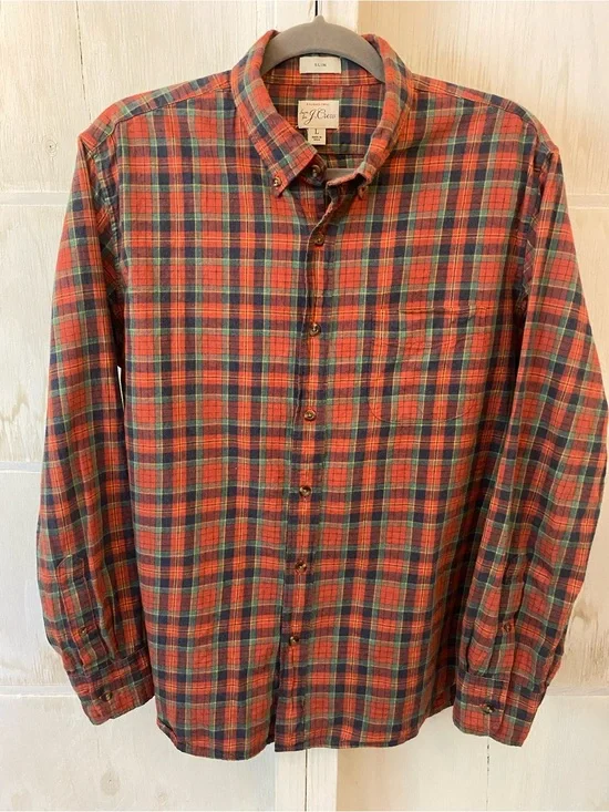 J. Crew Red and Green Plaid Button-Down Brushed Twill Slim Fit Large Shirt