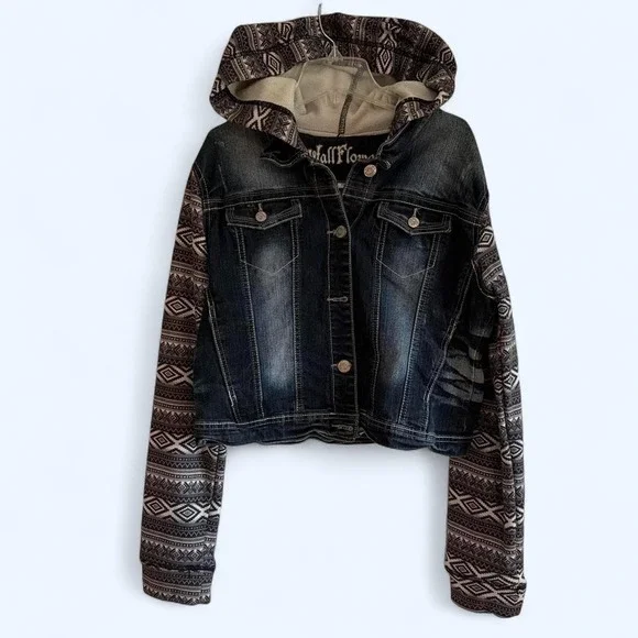 WALLFLOWER Denim Jean Jacket Hoodie w/ geometric Pattern Youth size XL