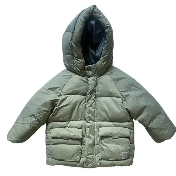 Zara Kids Olive Green Fleece Lined Hooded Puffer Coat • Size 18-24M 🗣