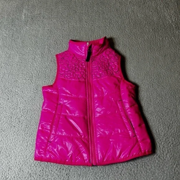 Lands' End Vest Girls Medium (5-6) Pink Lightweight Floral‎ Stitching Full Zip
