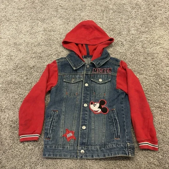 VTG Disney Mickey Mouse Layered-Look Denim Jacket Hoodie Sweatshirt Size 4 / 5