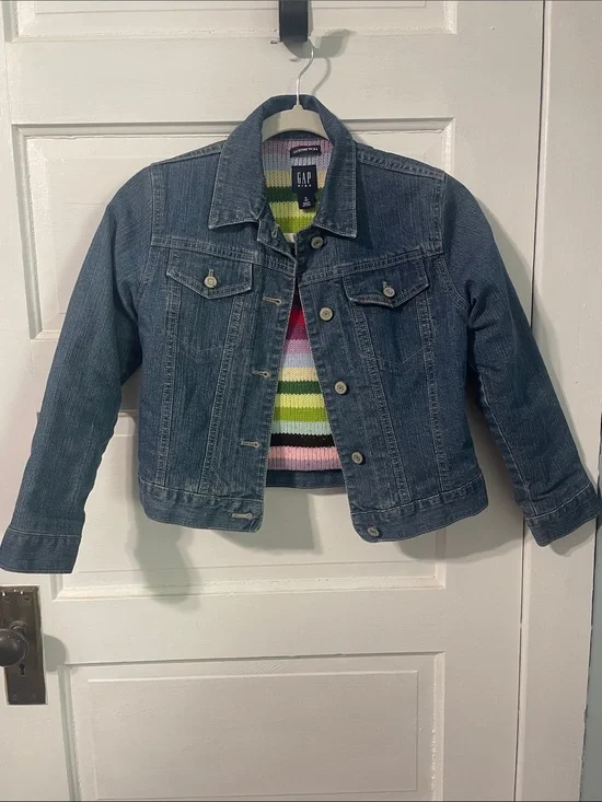 GAP Kids Medium Blue Denim Jacket with Multicolor Striped Liner
