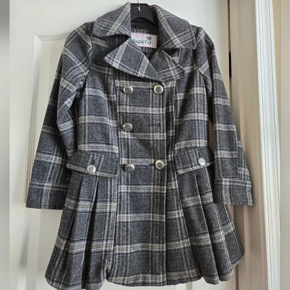 Sugarfly Girls Coats Sz M Wool Poly Plaid Peacoat Jacket Pleated Metal Buttons