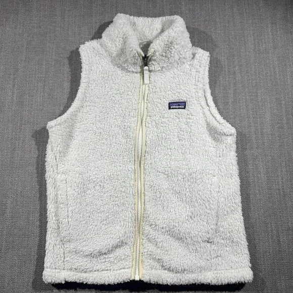 Patagonia Vest‎ Girls Large 12 White Sherpa Fleece Full Zip Pockets Warm Winter
