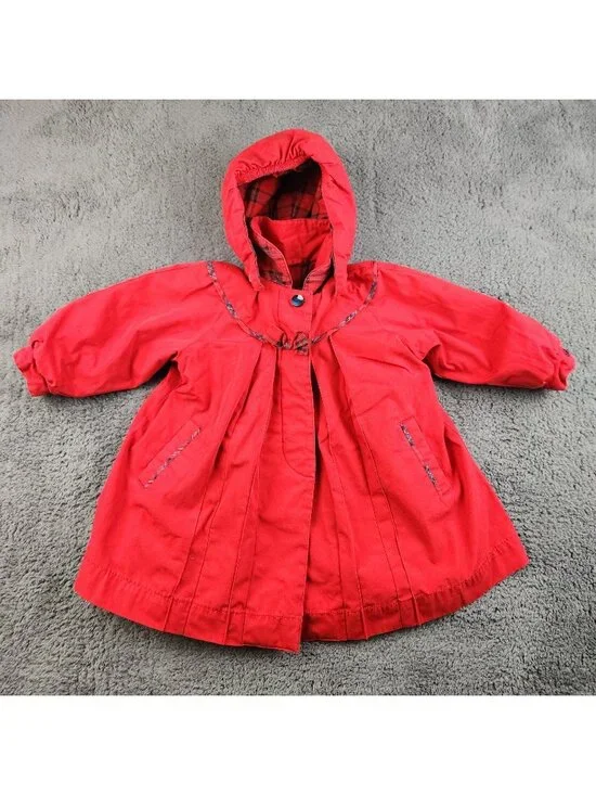 VTG Rothschild Pea Coat Girls‎ 3T Red Blue Fur Lined Bow Pleated Hooded Holiday
