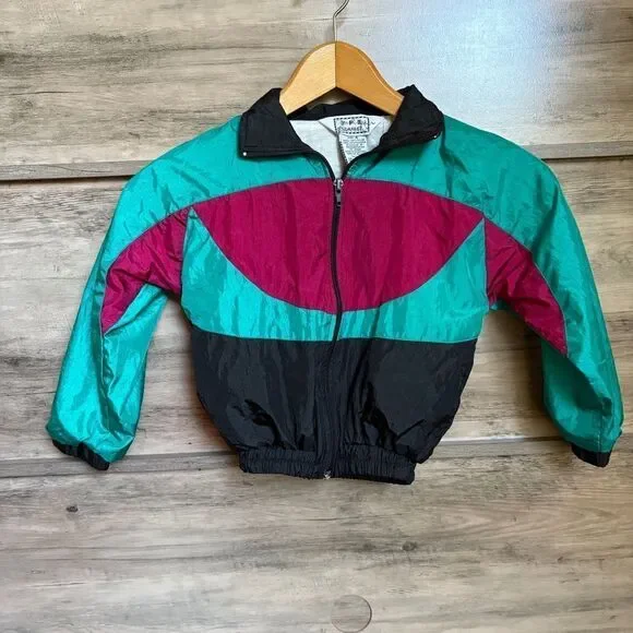 Colorblock Vintage 80s 90s Windbreaker Jacket Teal Fuchsia Black Boys 4 good pre
