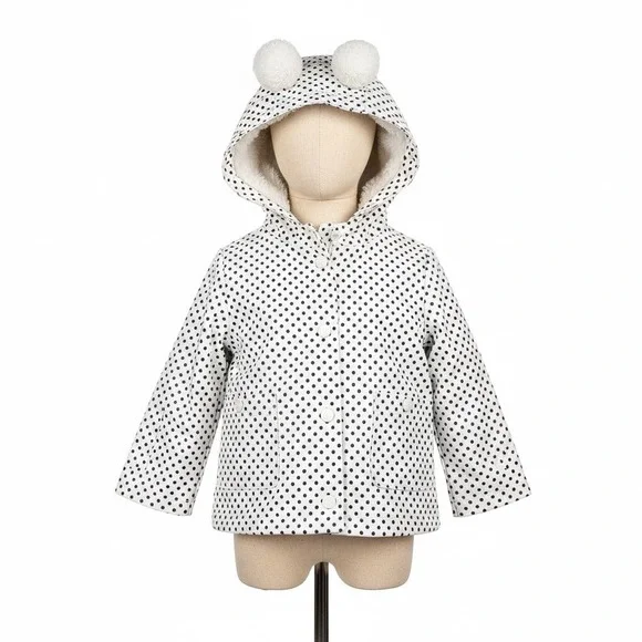 C&C California‎ Kids Rain Jacket 12M White Black Polka Dot Pompom Hooded Coat