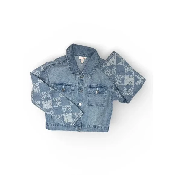 Cat & Jack Girls Quilted‎ Sleeve Jean Jacket Large light wash denim Snap Floral