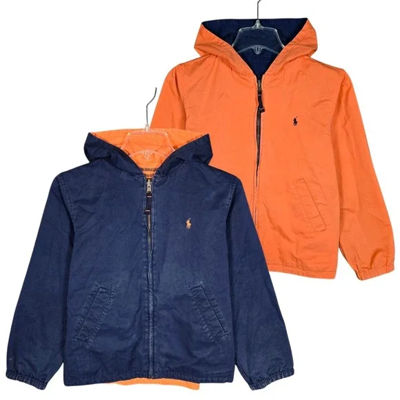 VTG Polo‎ Ralph Lauren Jacket Boys Small Reversible Full Zip Hooded Blue Orange