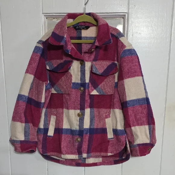 Members Mark Girls Plaid Shacket Jacket Fuschia Blue Fuzzy Pockets Sz XS(4-5)EUC