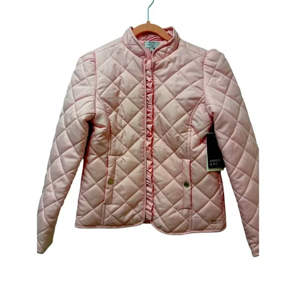 Crown & Ivy Kids Meadow Pink Quilted Ruffle Zip‎ Jacket Mock Neck Large NEW