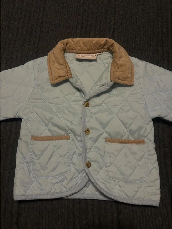 Light Blue Quilted Kids Puffer Jacket with Tan Collar