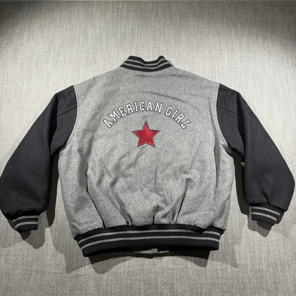 American‎ Girl Jacket Girls L Gray Black Varsity Letterman Snap Front Star Logo