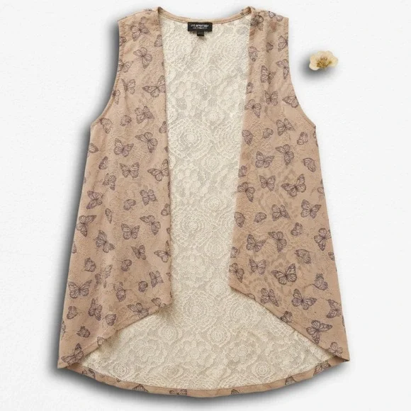 Beautees by Amy Byer Girls Tan Butterfly Lace Back Open Front Vest Size L 14