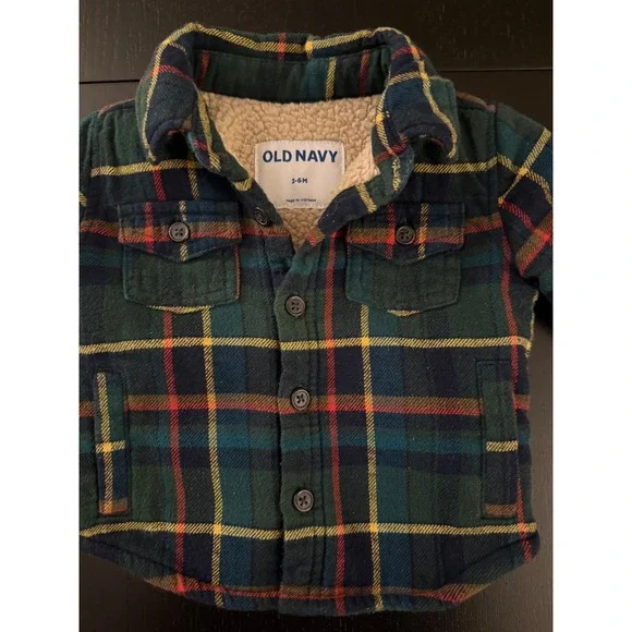 Old Navy Baby Flannel Sherpa-Lined Shirt Jacket 3-6 mths Green Plaid‎ Shacket