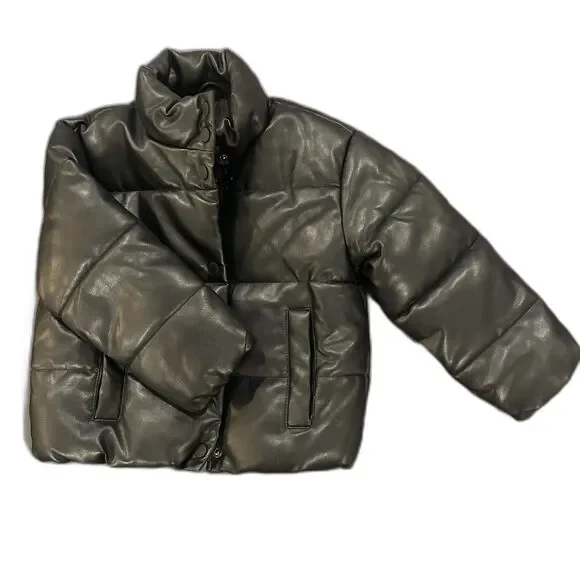 Zara Zip up Faux Leather Puffer Jacket Black Size Size 6