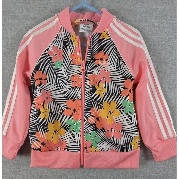Adidas‎ Track Jacket Girls 2T Pink Tropical Floral Full Zip 3 Stripe Logo Sport