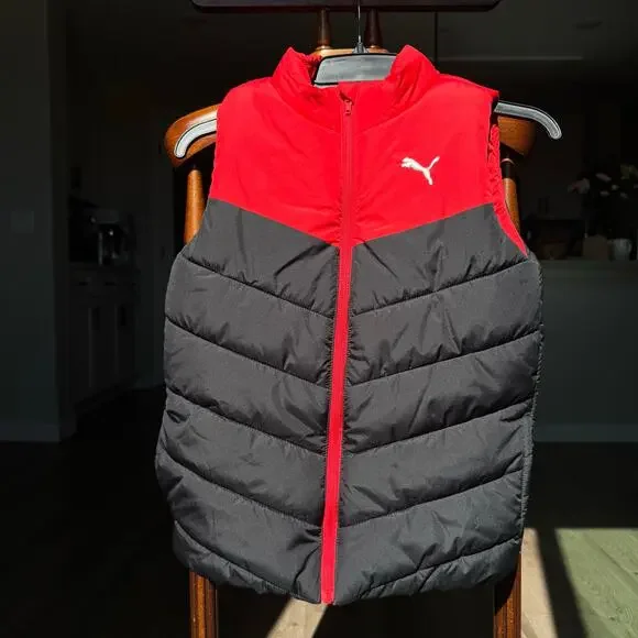 PUMA Youth Puffer Vest M 10/12 Red Black Colorblock Quilted Full Zip Fit Women S