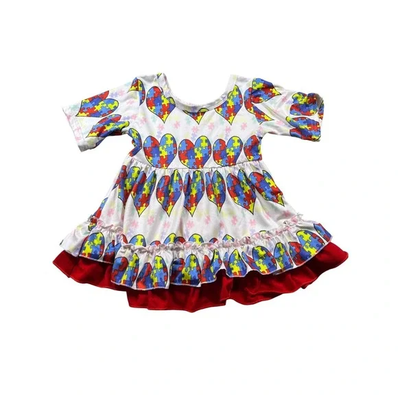 Autism Awareness‎ Girls Boutique Outfit Puzzle Heart Dress Red Ruffle Pants