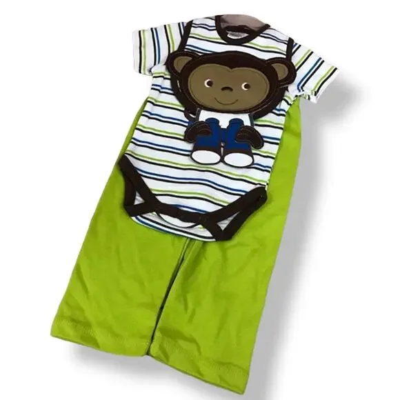 Swiggles Boys Outfit Size 6-9 Mo Monkey 3‎ Piece Set Bib Green Blue Brown NEW