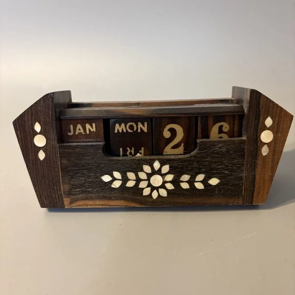 Vintage Wood and Mother of Pearl Perpetual Desk Calendar Solid Handmade MCM