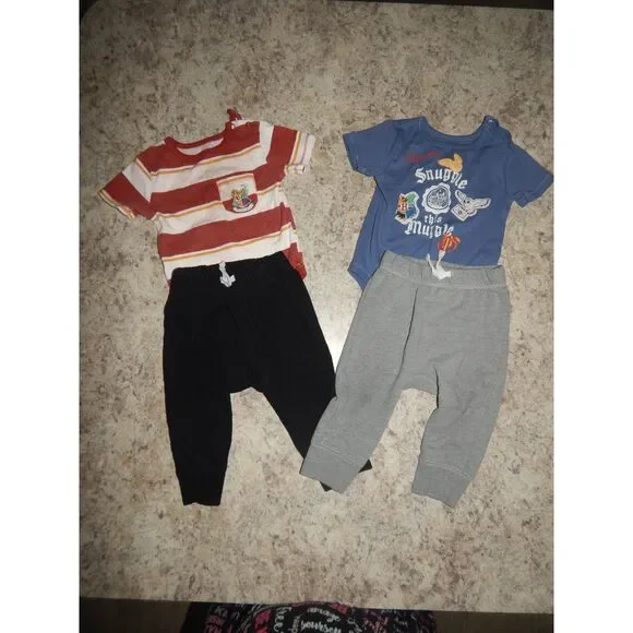 Harry Potter Baby 12M 4pc Bundle 2 Onesies Cat & Jack Jogger Pants Hogwarts