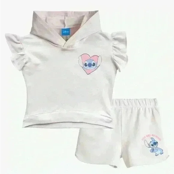 NWT Disney Girls Set Fleece Hooded Ruffle Short Sleeve Shirt and Shorts Sz 3-6MO