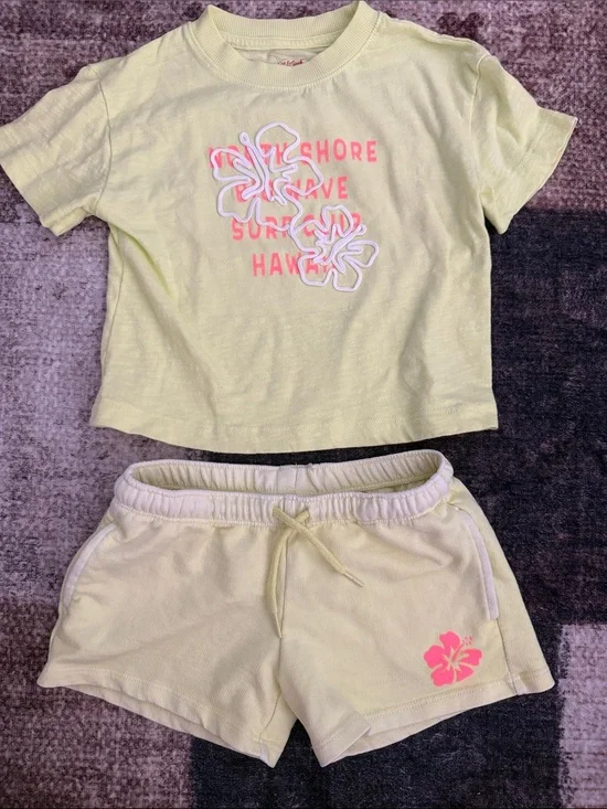 Cat & Jack Light Yellow Floral Athletic Shorts Set with Pink Hibiscus