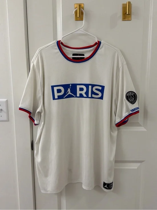 Jordan White Paris Short-Sleeve Jersey Tee with Blue Logo and Red Trim