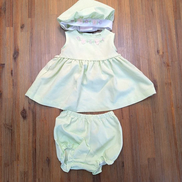 VTG Bonnie Baby Green Sleeveless Float Dress Set With Hat & Bloomers Size 3-6