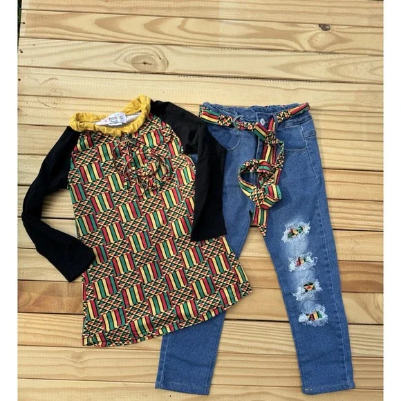 Girls Size 7/8 Years African Print Set Jeans And Top  African Colors Cute Outfit