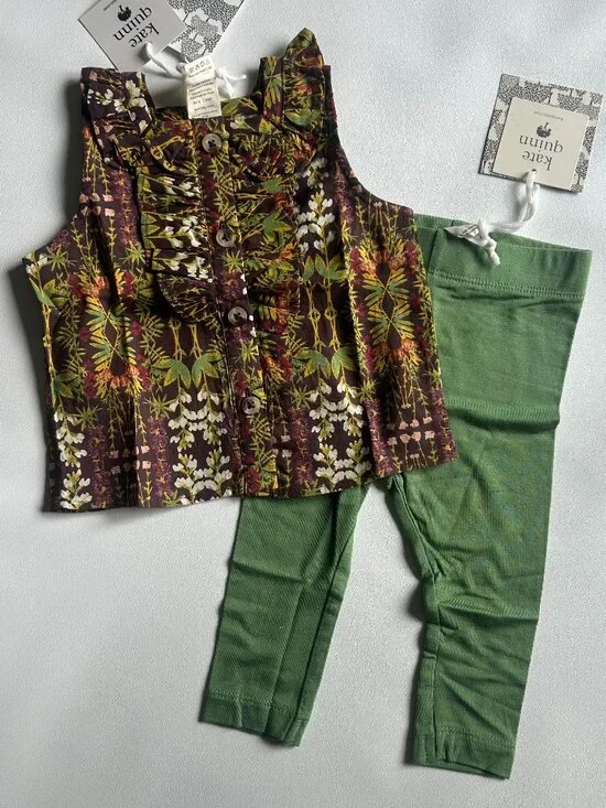 NWT Kate Quinn Baby Outfit Set 3-6M Sweet Pea Tank Green Fern Leggings
