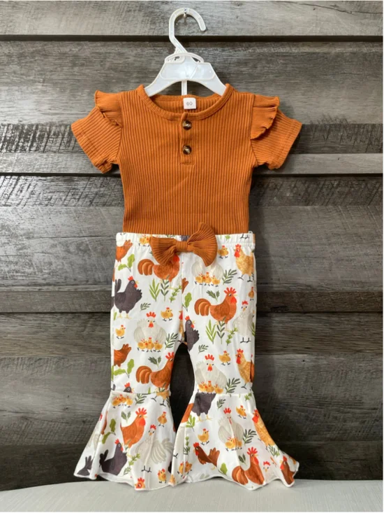 Baby Girl 3-6 Month Ribbed Bodysuit Chicken Print Bell Bottom Matching Set