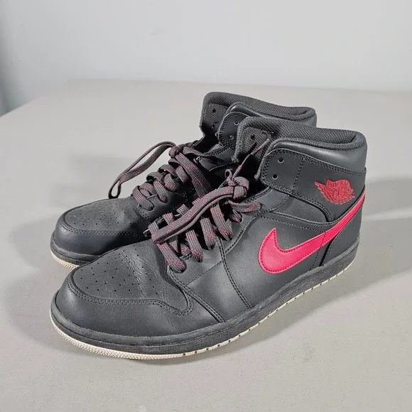 Nike Air Jordan 1 Mid Mens 12 Black Gym Red 554724-045 Basketball Shoes