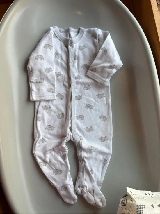 Rene Rofe White Footed Baby One-Piece with Gray Elephant Print