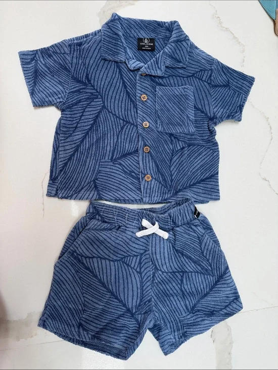 Volcom Blue Leaf-Print Kids Short Sleeve Pajama Set