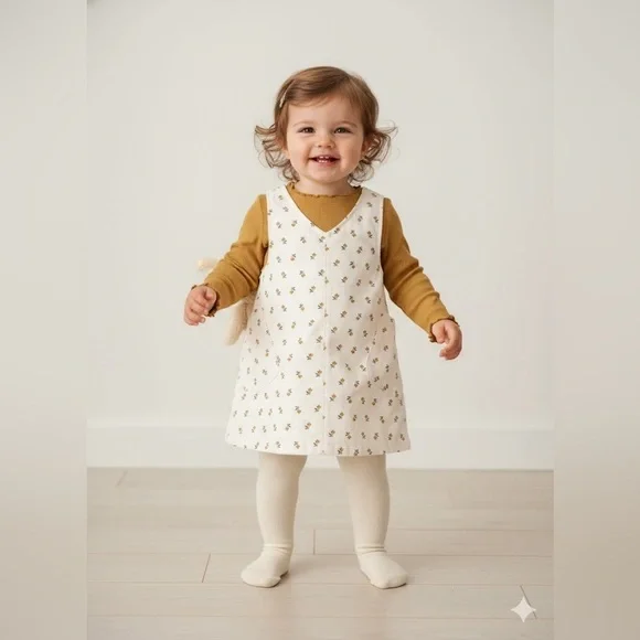 Carter's Cream Floral Dress and Gold Long Sleeve Top Set 3 Piece