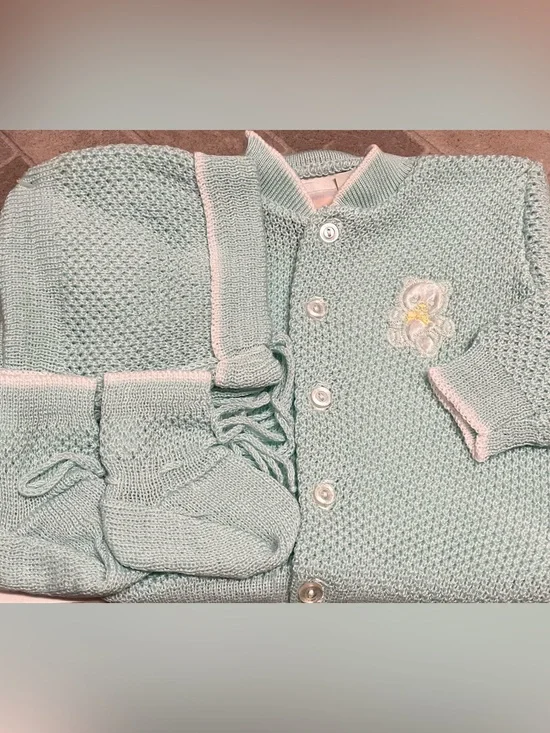 Vintage Baby 3-Piece Sweater, Bonnet & Booties Set - New Old Stock 0-6 mths