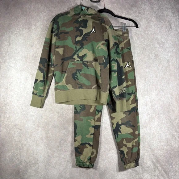 Jordan Essentials Camo Fleece Hoodie Jogger Set Boys M Kids Green Brown Jumpman