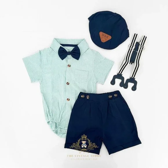 NWT Handsome Boys Oxford Button Down Onesie One-Piece Shorts Matching Set 18-24M