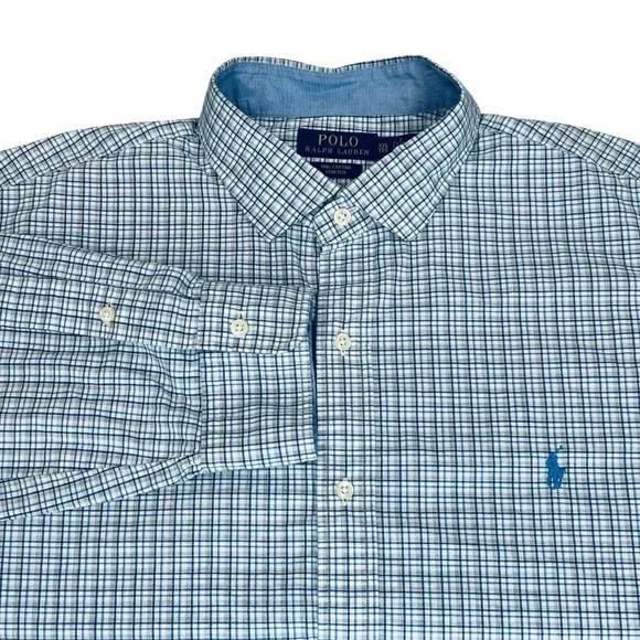 Polo Ralph Lauren Classic Fit Shirt Men XXL Blue White Gray Plaid Stretch Preppy