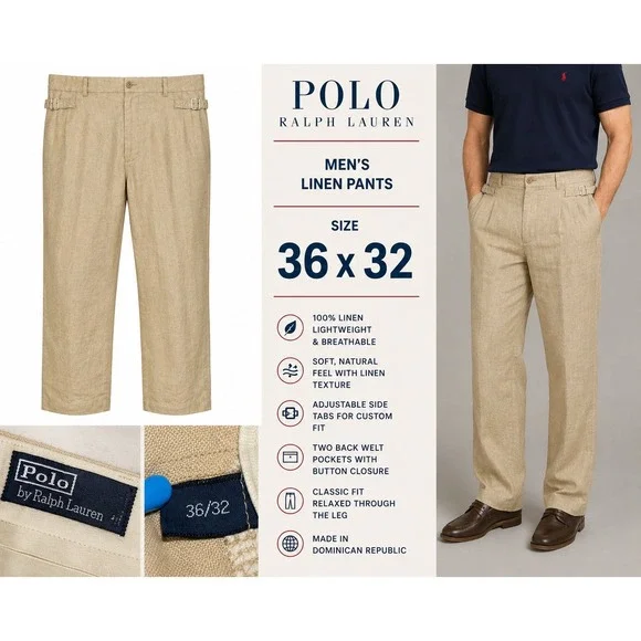Polo Ralph Lauren Mens 36x32 Khaki Linen Classic Fit Adjustable Side Tab Pants