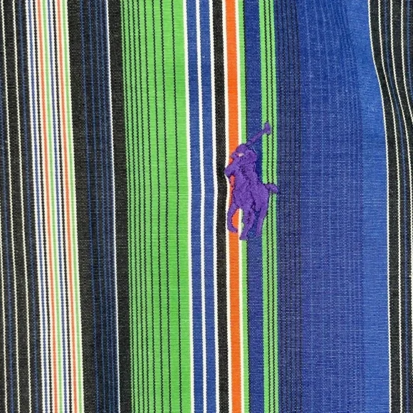 VTG Ralph Lauren Golf Polo Cotton Long Sleeve Button Down‎ Mens L Striped Blue