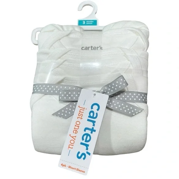 NWT Carter's Baby 4pk Short Sleeve Bodysuit - White 3M Cotton Crew Neck, Tagless