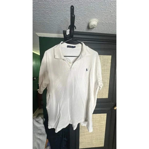 Polo Ralph Lauren Mens XL White Short Sleeve Pique Cotton Polo Shirt Navy Pony