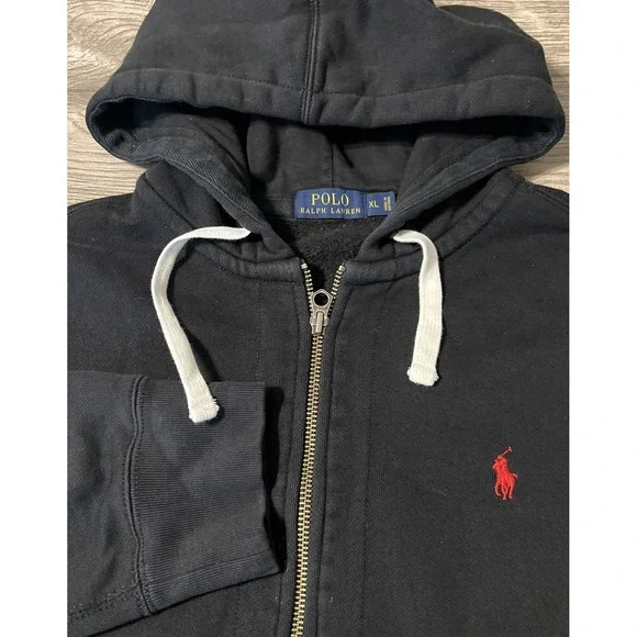 Polo Ralph Lauren Full Zip Fleece Lined Hooded Black Sweatshirt Size XL