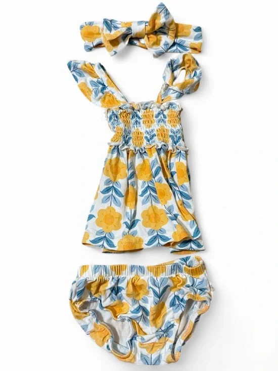 Milkberry Yellow Floral Smocked Baby One-Piece with Headband